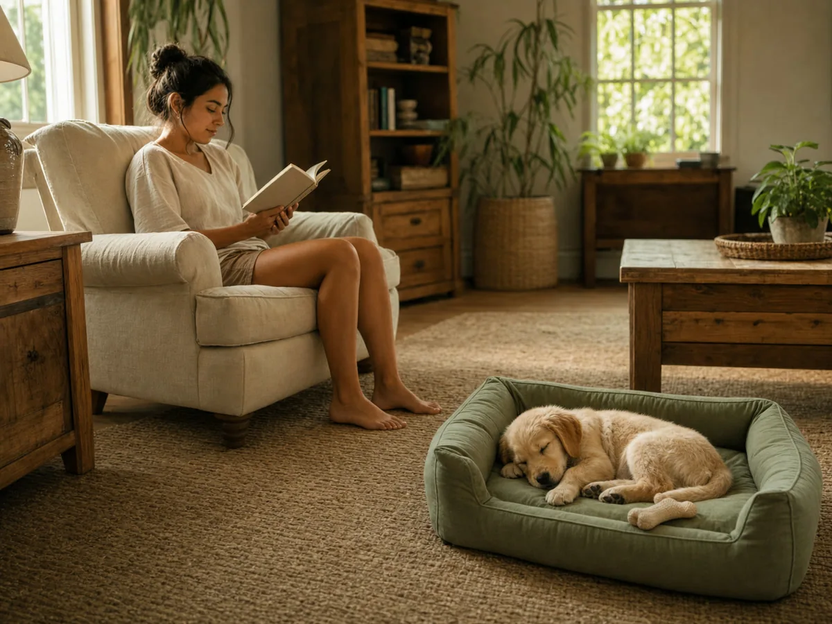Una mujer lee sentada mientras su cachorro duerme tranquilo en su propia cama.