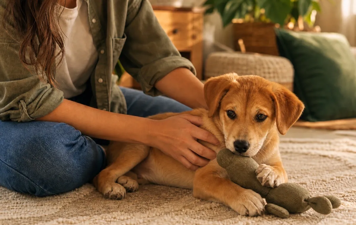 Una mujer juega con calma junto a un cachorro caramelo en el suelo de casa.