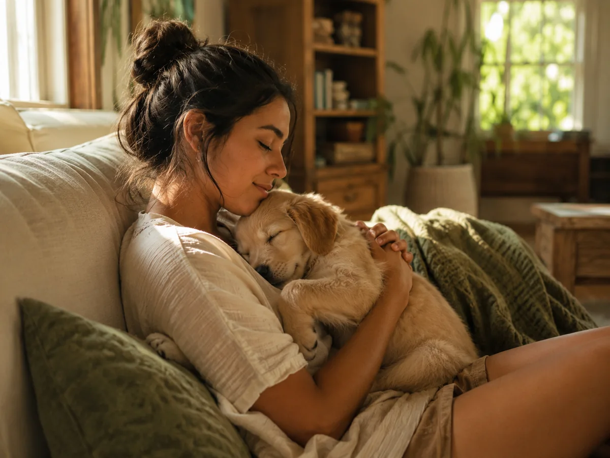 Una mujer sostiene a un cachorro golden dormido contra su pecho en el sofá.