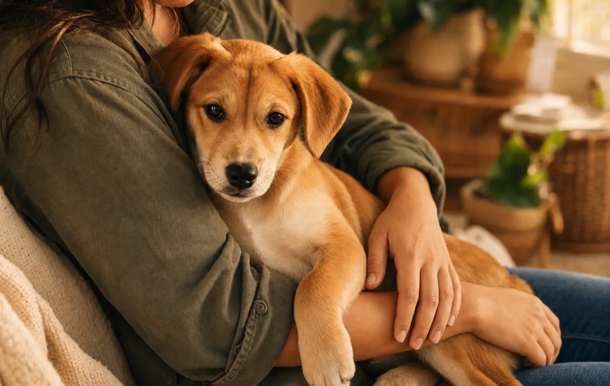 Una mujer sostiene con ternura a un cachorro caramelo recién llegado a casa.